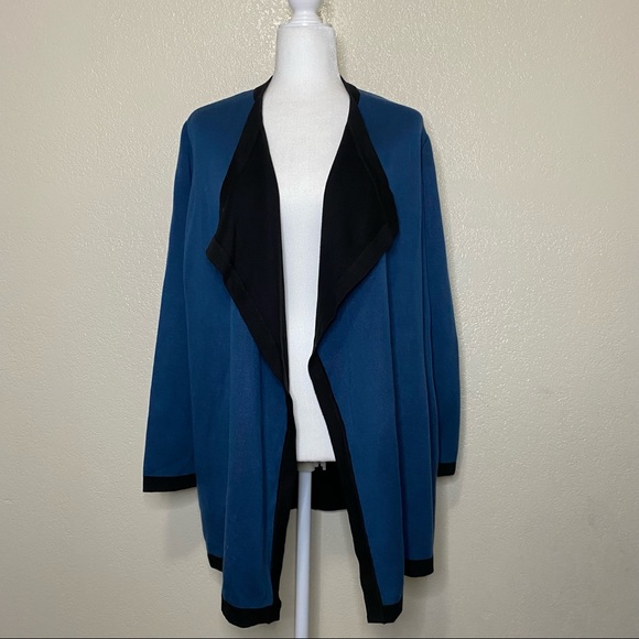 Anne Klein Double Knit Drape Front Cardigan in Blue/Black Size Large - Picture 2 of 7